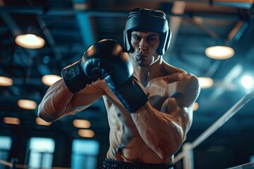 muscular athletic man in boxer gloves, helmet and shorts practicing attack