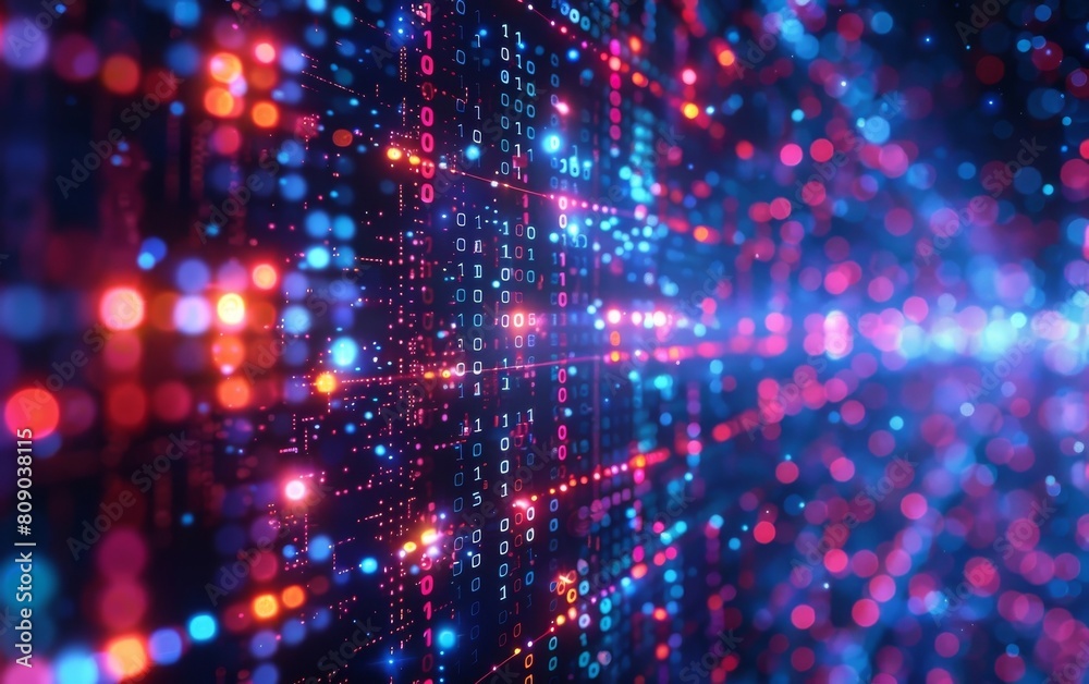 Poster Conceptual technology background with abstract big data visualization. Movement of digital information streams. Processing and storage of datasets, blockchain, servers, high-speed internet.