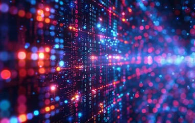 Fototapeta premium Conceptual technology background with abstract big data visualization. Movement of digital information streams. Processing and storage of datasets, blockchain, servers, high-speed internet.