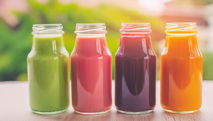 Glass bottles of smoothies of different colors. Refreshing drinks. Tasty beverages. Detox drink