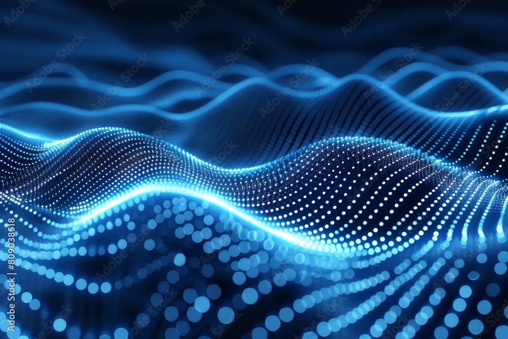 Poster design featuring a dark blue abstract background with a pattern of dots, creating a futuristic and t