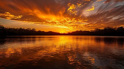 Bask in the warmth of a golden sunset over a tranquil lake, where the still waters reflect the fiery sky above, creating a scene of breathtaking beauty and tranquility.