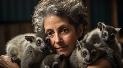 Pioneering Woman in Wildlife Rehabilitation female conservationist nurturing orphaned animals - obrazy, fototapety, plakaty