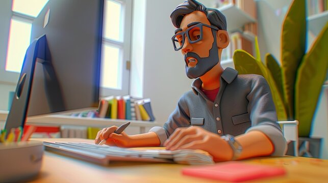 Creative claymation artist at computer desk. Character animation concept
