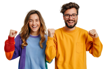 Portrait cheerful couple holding fists on isolated transparent background