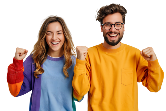 Portrait cheerful couple holding fists on isolated transparent background