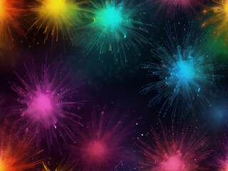 Fototapeta premium Colorful vibrant glittering fireworks Background with glow smoke and confetti banner ai generative