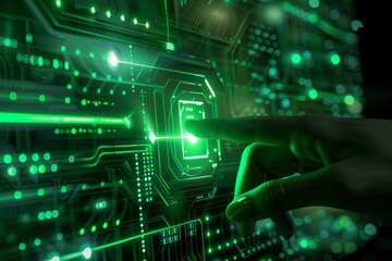 Neon green tech button pressed by electronic hand. Futuristic concept.