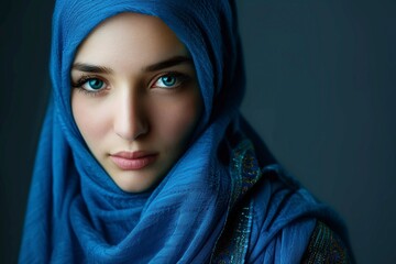 Naklejka premium beautiful muslim woman with hijab on dark background