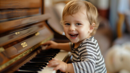 Five years old happy toddler boy playing piano at home
