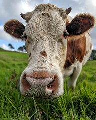 A closeup photo of a cow contentedly chewing cud on a lush green pasture, for World Milk Day - obrazy, fototapety, plakaty