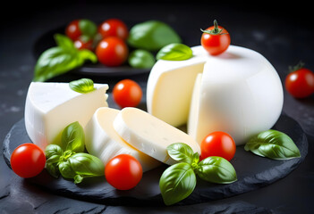 A large ball of Italian mozzarella cheese with a tomato and basil on a plate in a black background