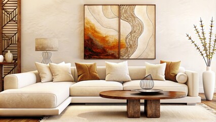 Modern interior design of a living room with a wooden coffee table and white sofa in front of a wall painting in the style of ethnic style decoration