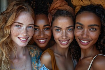Obraz premium A close group of ethnically diverse friends sharing a smile in a joyful moment