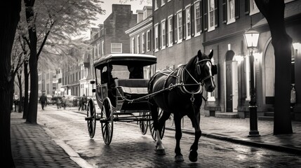 Monochromatic Carriage Ride horse-drawn carriage on cobblestone street