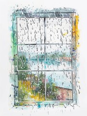 Beautifull watercolor minimalist rain window view 