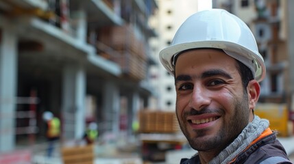 Photograph of Civil Engineer Hispanic smiling with Constuction backgrounds, use for banner cover. Success in target of project goal