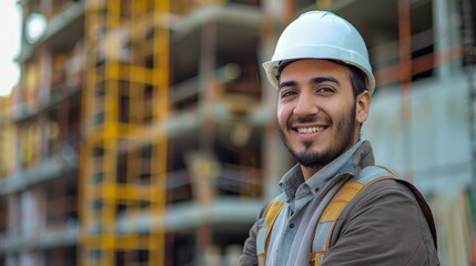 Photograph of Civil Engineer Hispanic smiling with Constuction backgrounds, use for banner cover. Success in target of project goal Handsome Middle Eastern worker. wide angle lens ambient light orange