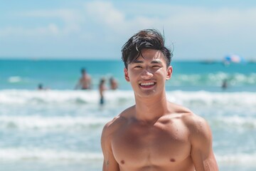 smiling Asian Man Enjoying Beach Vacation