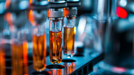 Scientific laboratory equipment. Test tubes filled with orange liquid in a modern lab setting with advanced equipment and blue lighting. AI generative..