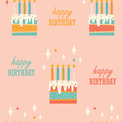 Happy birthday seamless pattern with cake and candles.