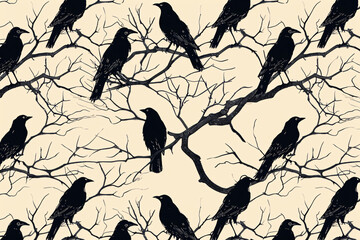 Seamless pattern of ravens on tree branches against a beige background