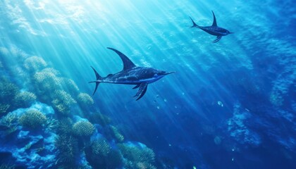 Naklejka premium Giant Marlin fish in the ocean, beautiful view of marlin fish in the blue ocean