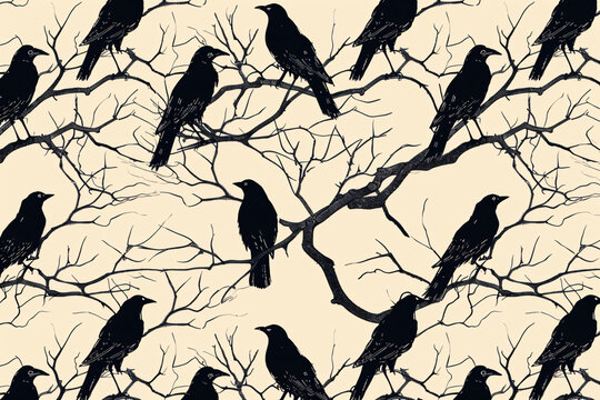 Seamless pattern of ravens on tree branches against a beige background