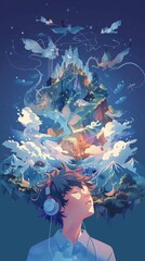 Surreal Dreamscape of a Music-Inspired Fantastical with Enchanting Landscapes and Creatures