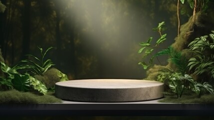 natural stone and concrete podium in natural green background ,Evening light