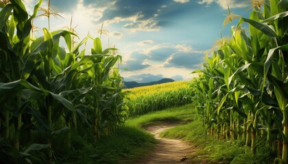A dirt path winds through a cornfield with tall stalks of corn on either side. The sky is blue with fluffy white clouds.