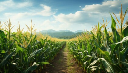 A cornfield with mountains in the background under a blue sky with white clouds.
