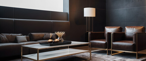 Home interior, luxury modern dark living room interior, poster frame mock up, leather chairs and white side table mock up