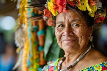 Obraz premium Indigenous woman in traditional dress smiling looking a camera