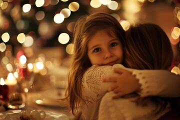 Little girl lovingly hugs her mother at Christmas