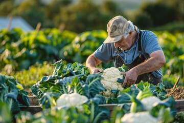 Fototapeta premium farmer cutting cauliflower in an organic vegetable field