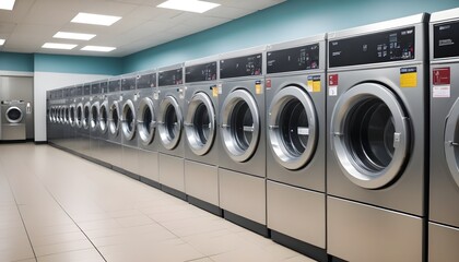 A row of industrial washing machines in a commercial laundromat. The room has a bright, modern design 