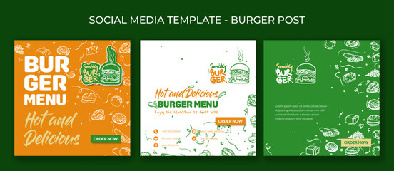 Set of social media template design with smoky burger design and hand drawn of burger ingredients