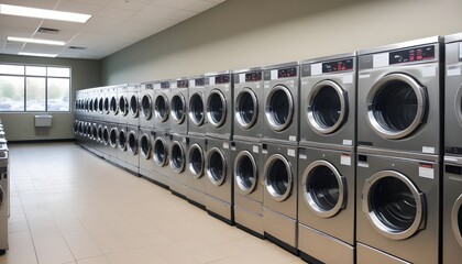 A row of industrial washing machines in a commercial laundromat. The room has a bright, modern design 