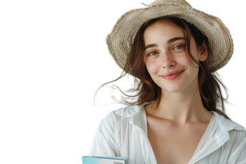 Smiling woman in white outfit holding foreign passport with tickets on isolated transparent background