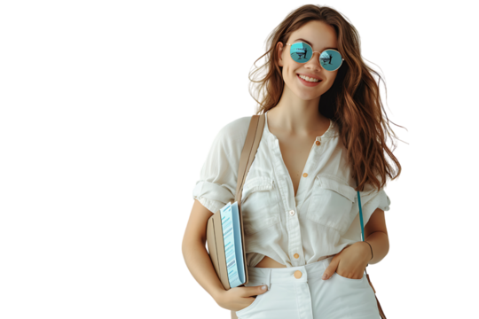 Smiling woman in white outfit holding foreign passport with tickets on isolated transparent background