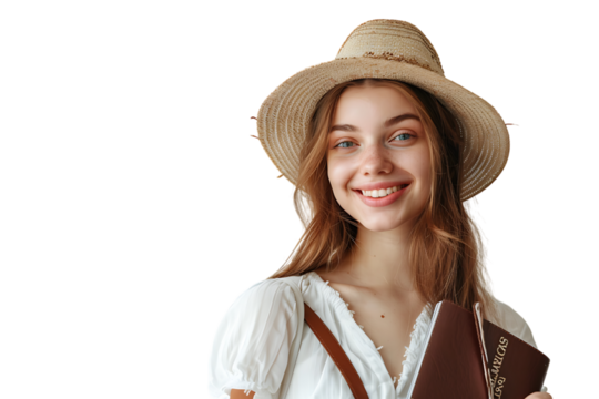 Smiling woman in white outfit holding foreign passport with tickets on isolated transparent background