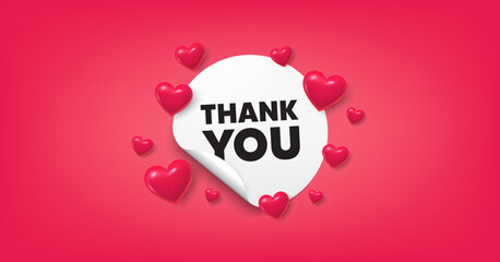 Hearts flying on thank you sticker. Heart shaped 3d icons of love for Women's, Mother's, Valentine's Day, birthday greeting card with sticker. Happy holiday love red background with hearts. Vector