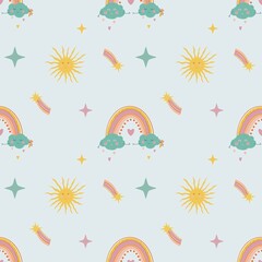 seamless pattern with rainbow, stars, sun