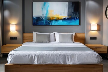 Minimalist interior of modern home bedroom, Guest room, Living room, Lounge with sophisticated luxury bed and sofas with modern paint and wall art.