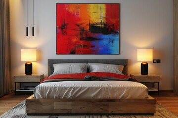 Minimalist interior of modern home bedroom, Guest room, Living room, Lounge with sophisticated luxury bed and sofas with modern paint and wall art.