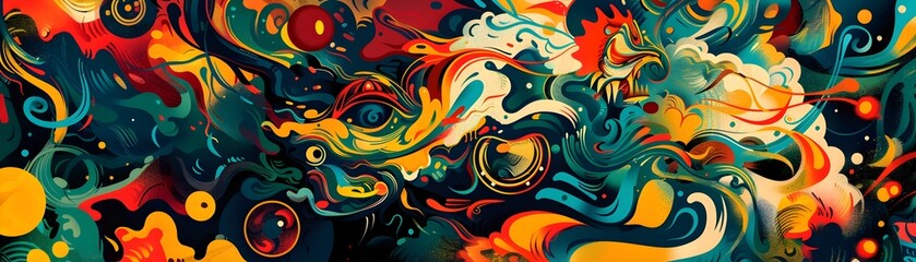 Mystical Japanese Folklore Inspired Abstract Digital Painting with Distorted Shapes and Vibrant Colors