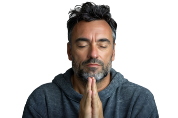 Serious man with closed eyes showing praying gesture on isolated transparent background