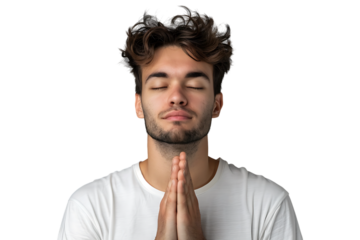 Serious man with closed eyes showing praying gesture on isolated transparent background
