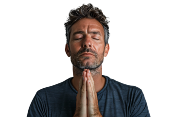 Serious man with closed eyes showing praying gesture on isolated transparent background